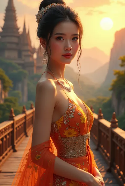 Beautiful Thai woman, beautiful skin, sharp face, hair tied in a bun, sweet smile, looking at the camera, standing on a long bridge, wearing a Thai dress, orange Boromphiman, marigold pattern, embossed fantasy color, sparkling, crystal diamond jewelry, the...