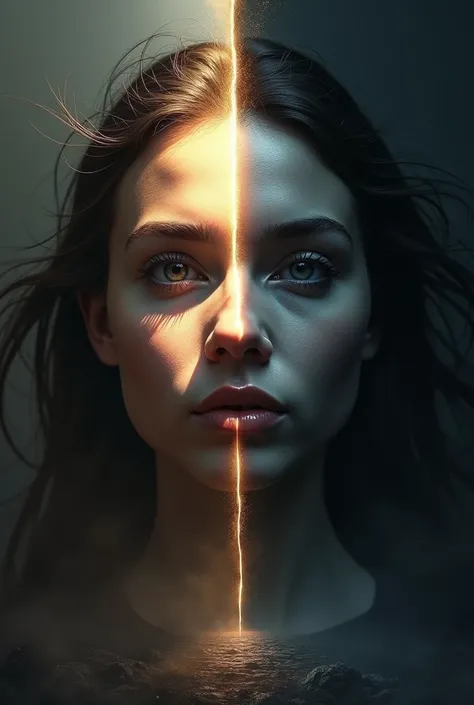  Duality between Light and Darkness Main image: A face divided into two parts, one illuminated with soft light and another in dark shadows, symbolizing the struggle between the known and the unknown.
bottom: Half light and half darkness, showing a sunrise ...