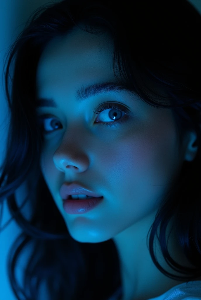 Close-up image of an extremely beautiful woman&#39;s gaze, black hair,very blue eyes, that shine and reflect happiness, dark background, profile looking, phosphorescent blue light 