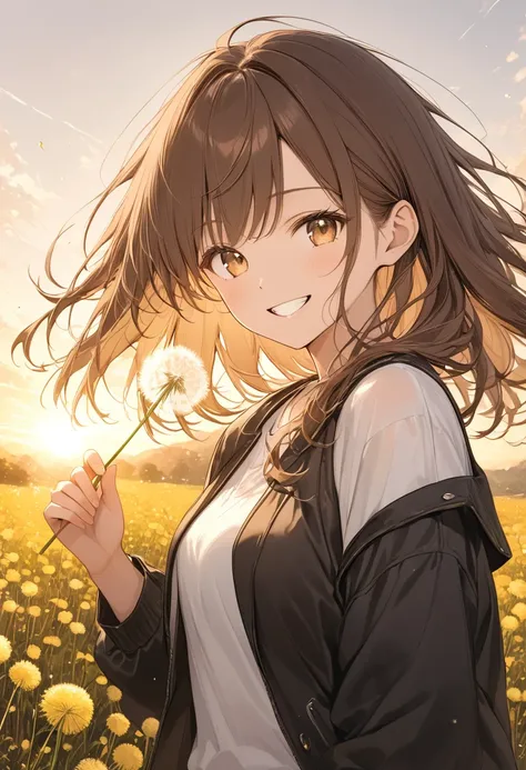 anime、((Amazingly absurd)),(masterpiece:1.2),超High resolution, Attention to detail, high quality, High resolution, 最high quality, 4K, 8k、Woman handing over a dandelion,Smiling,Showing teeth,holding flowers in both hands,Passing,White shirt,Undo the first b...