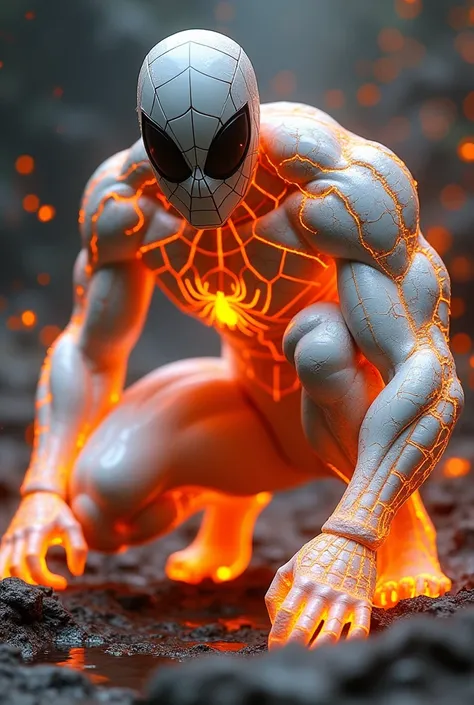 "A humanoid superhero figure in a crouching pose, resembling a fusion of a spider-themed suit and molten lava. The suit is primarily white and cracked with glowing orange magma-like veins running through it. The figures eyes are large and black, with a glo...