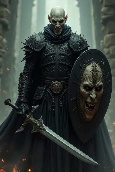 pale skinned, hairless warrior, wearing black armor, with magic runes and thorns. Using a half-body shield with half a tormented face and the other smiling. using a serrated circular sword. hellraiser cenobite style.     add a squire accompanying the warri...