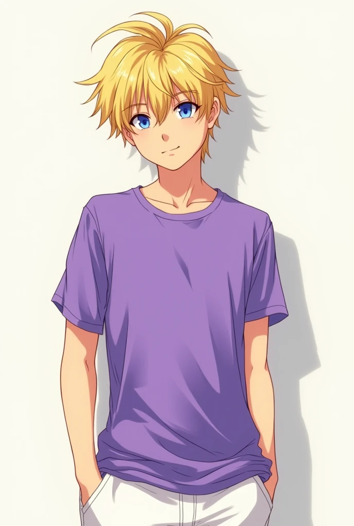 Un adolescents blond au yeux bleu avec un t-shirt violet et un pantalon blanc en manga