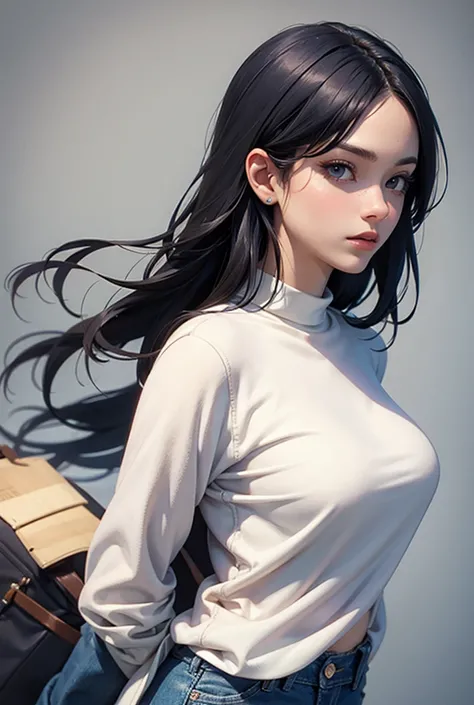 Her thin white sweater reveals her bulging breasts,Wearing jeans,profile,The whole image is light blue,ZARD&#39;s Izumi Sakai,Hair blowing in the wind, One woman