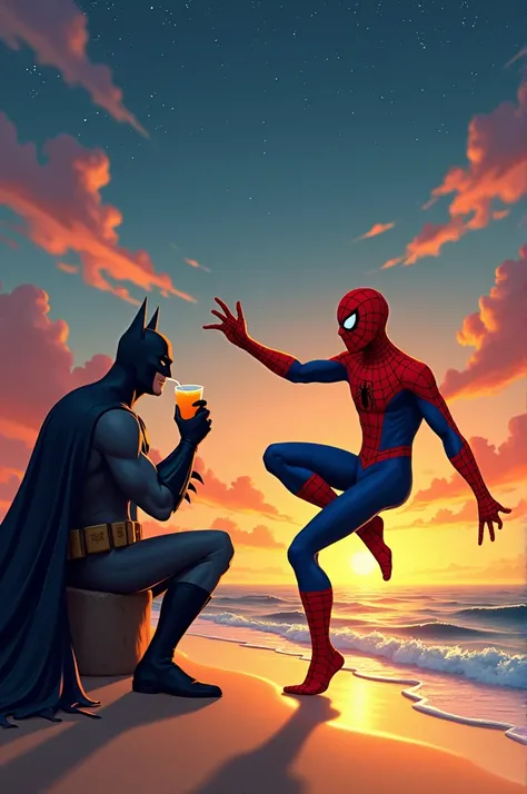 Spiderman dancing pagode with Batman drinking orange juice on the beach with a starry sunset