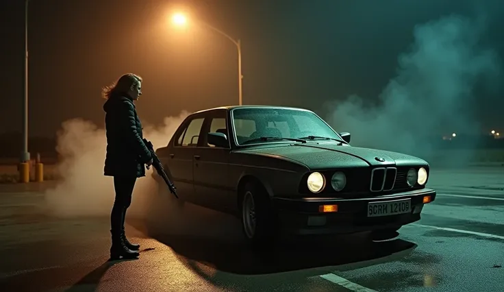 Black old serie 5 BMW aesthetic in a parking at night under a lamp , with smoke out of the exhaust , with a russian girl with a ak 47 , wallpaper 