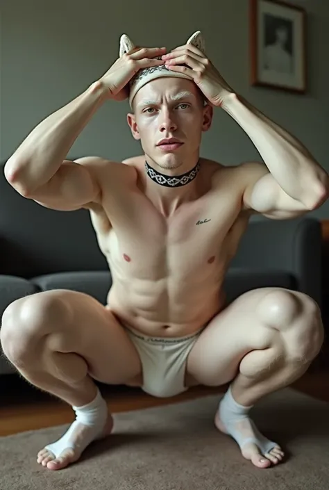 African Albino Handsome Young Guy, Photoshoot, Wear a Thin Thong, Wear Long Socks, Squat Pose at Livingroom with hands up in the Head, Facing Forward, legs Spread, Sturdy Body, Ultra HD, wearing cats headband, Cats Collar, Highly Detailed, Detailed Face, P...