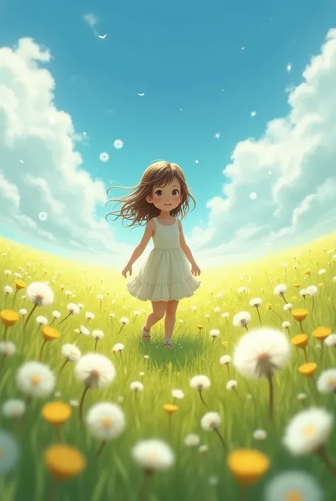 Girl walking in dandelion field