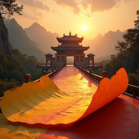 Miniature Photography, capturing texture, A majestic chinese temple, adorned with intricate Asian characters, majestically stands against a breathtaking sunset-lit mountain range. A large roll of paper, textured and worn, lies at the forefront, its vibrant...