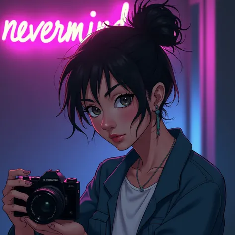 Black hair in a messy bun woman, holding a camera in front of a neon light sign (purple and blue) with a word that says "nevermind"