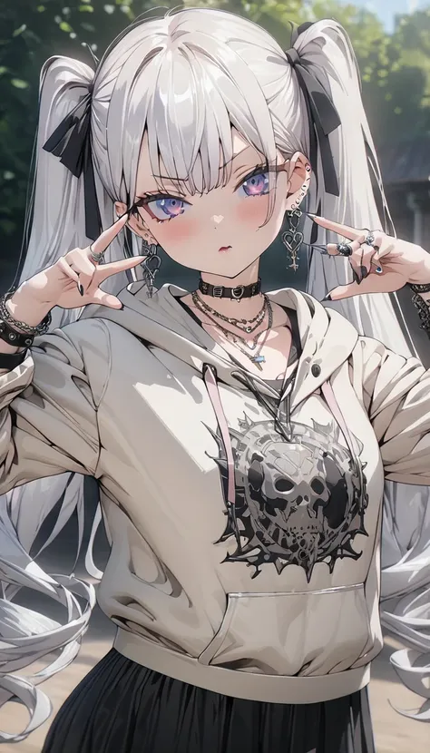 ((masterpiece)), ((最high quality)), (anime:1.3), (Super Detail:1.2), (High resolution:1.3), (Professional photography:1.4), huge, Twin tails, Silver Hair, hoodie, Vintage Gothic, Pose, cute, Face Up, high quality, necklace, ring, bracelet, Earrings