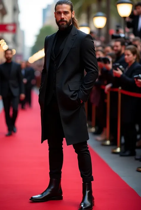 65 tall handsome and fit man with ponytail hair and full beard wearing black duster jacket and black trouser and black chelsea boots hes actor his stand Hollywood  red carpet  and give charming pose on magazine photographys.