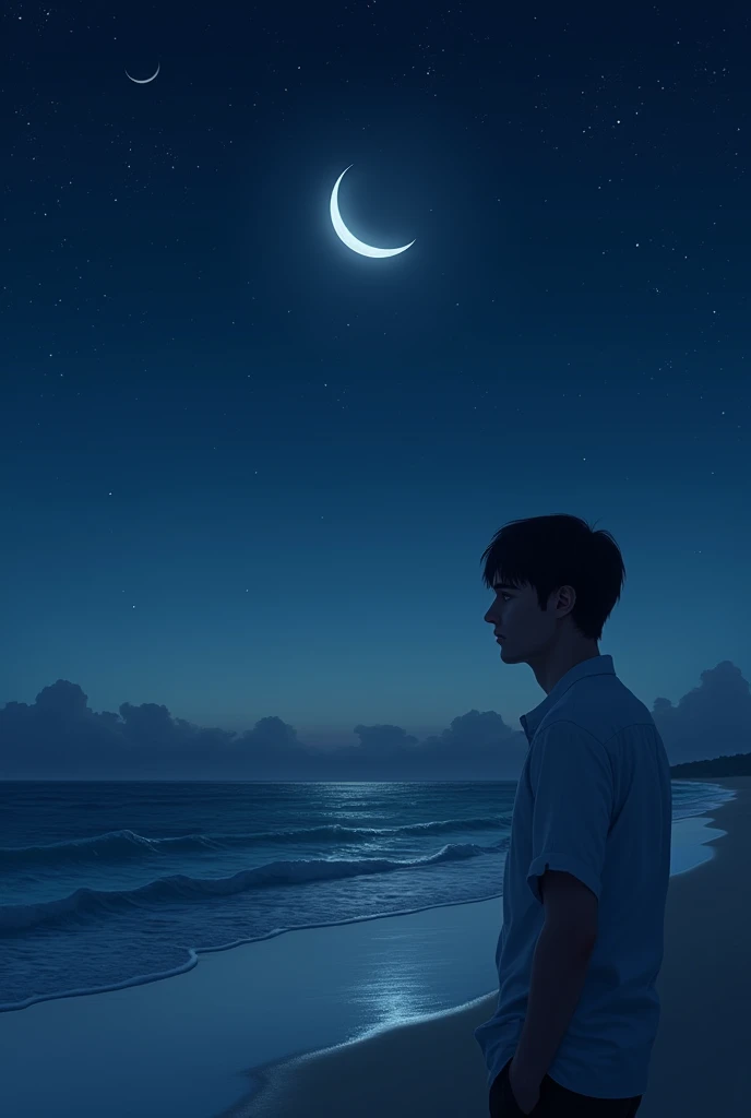 Real view of Half moon and stars at beach at night time with a handsome man