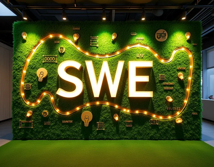 write the name "SWE" in green grass mat wall. We want to decorate the green grass mat wall impressively and name of the department on the top also decorate with light bulbs, craft things, this as like stundents should take salfie or photo in front of it.  ...