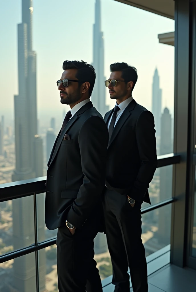 In Dubai item building at 150th floor at balcony Harshad Mehtas and with in a black suit and very nice black goggle formal dress and stand with a person which is a 2 and his very handsome and like as a trader and he is with formal dress and black goggle an...