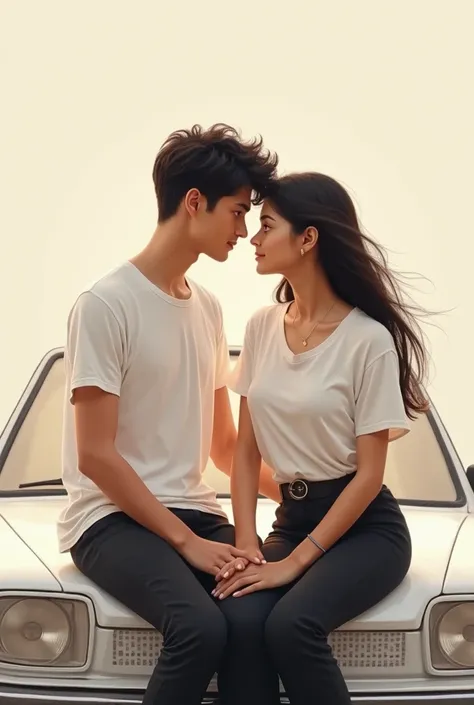 A 18yr boy and girl wearing white t-shirt and blackpant an sitting on the white car  aboy hold girl handand  (Nitesh and Kajal in t-shirt )