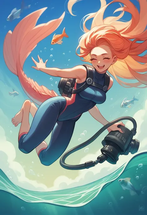 "A woman diving into the crystal clear waters of the sea, equipped with a full diving suit and an oxygen tank. She is surrounded by colorful fish and vibrant corals, while the sunlight penetrates through the surface of the water, creating a magical effect ...