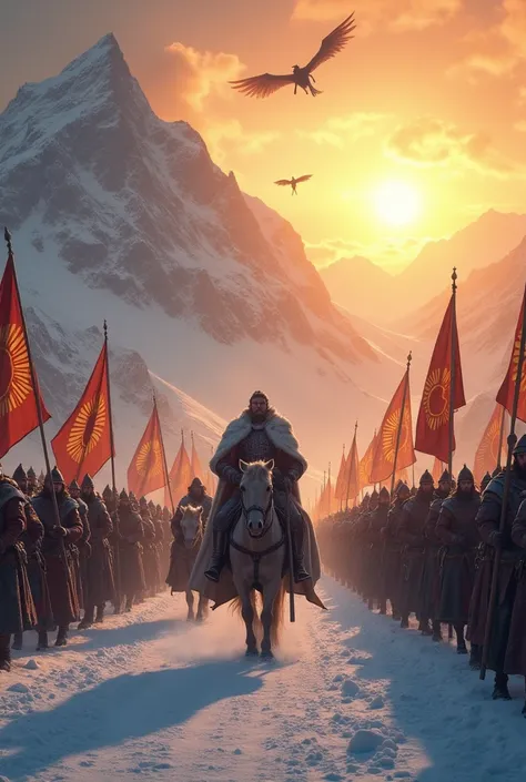 A medieval army in a snowy landscape, with a towering sunrise and banners of the Snow Union clan, com a sigla SUN. Add the King of the North and dragons