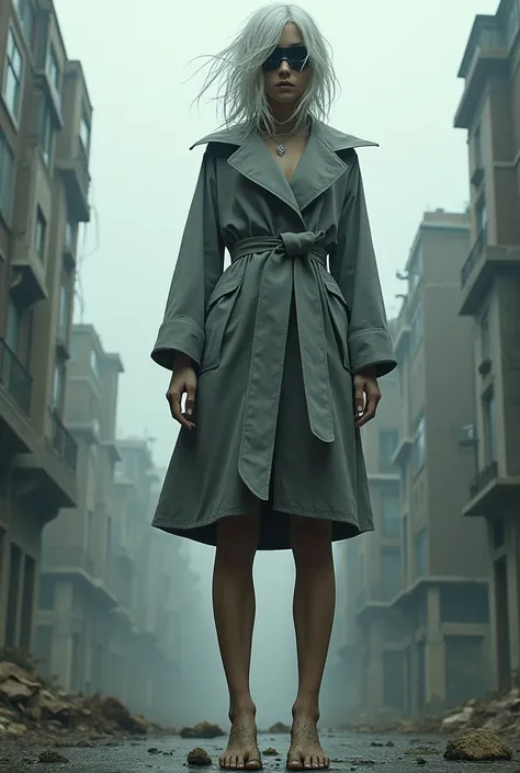 Handsome giant girl，Messy white hair，Black eye mask，Gray coat，Skirt tied with coat，barefoot，Soles，Trampling。Shrinking cities，Low Angle，脏Soles，callus，Cold