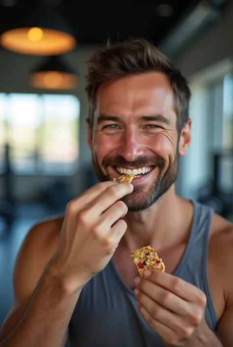 Realistic photography man happily eating a small snack in the gym
