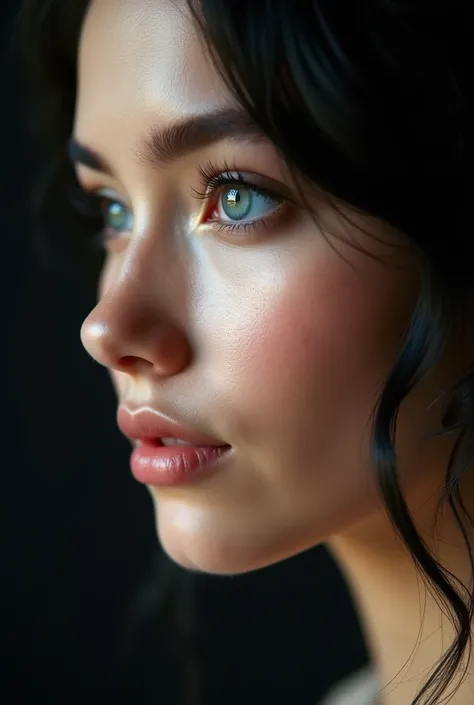 Close-up image, the very blue gaze of an extremely beautiful woman, thin nose, full lips, white skin,black hair, His gaze reflects joy and love, Her face is creamy and shiny, profile looking, dark background 
