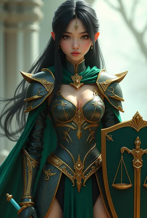 3D style, Dark fantasy art
The artwork of the image is 3D realistic

A young woman in intricately designed armor stands confidently, featuring metallic gold accents and a dark green cloak. She has long black hair and striking features, including large, exp...