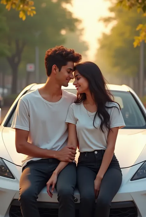 A 18yr boy and girl wearing white t-shirt and blackpant an sitting on the white car  aboy hold girl handand  (nitesh and Kajal in the t-shirt )