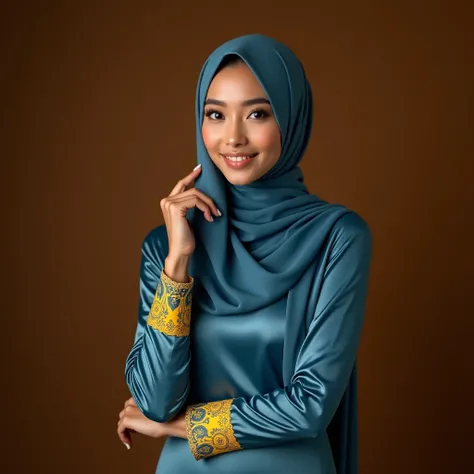 Professional photography featuring a beautiful Asian woman in hijab, who wears a luxurious long blue dress with a yellow pattern, with a brown background. 