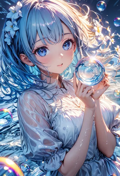 Very detailed, 8k, angelic, glass, water in glass, flower in glass, bubbles, blue water on the right, nice, bright, girl in glass, , light refraction, (floating soap bubbles), light reflection, dynamic angle, beautiful, pretty