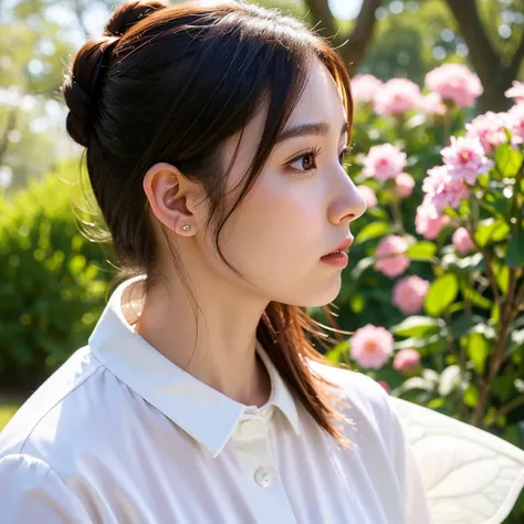 Profile of a female fairy alone、A hairstyle that shows your earlobes、The clothes are white shirts and not much exposure.。No makeup。No accessories at all。
Picture from the shoulders up。