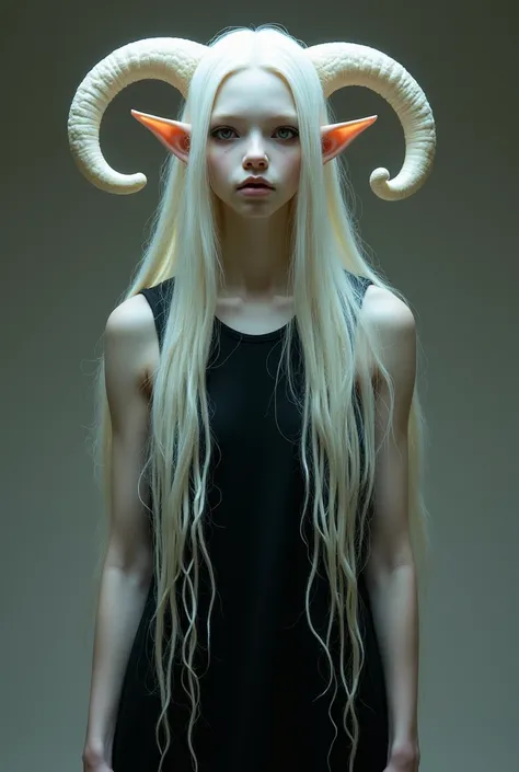 A fourteen year old with white skin and black clothes, long white hair. He is a mushroom spirit that has cultivated human form., Dark eyes, like white hair and long white horn-like tentacles, pointy ears. mundo Xinxia, wearing black tunic 