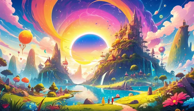 Create an 8K high-definition,A world inspired by Adventure Time.The scene should depict a fantastical and dreamy landscape，With surreal, fantastic quality. Includes vibrant and diverse terrain，Including floating islands, Oversized and imaginative plants,Fe...