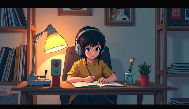 Scene of a young student, with a typical 80&#39;s anime look, sitting in a chair in his room. He wears a retro headset while studying with concentration, with the soft light of a lamp creating a calm lofi atmosphere. No fundo, a shelf with vinyl records an...