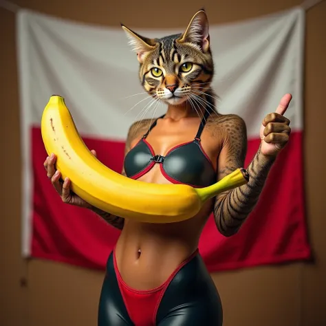 Sexy Gynecologist Cat in Latex Leggings, holds a large banana in one hand, and with the other hand he shows a thumb up, there is a flag of Poland hanging behind, she is happy