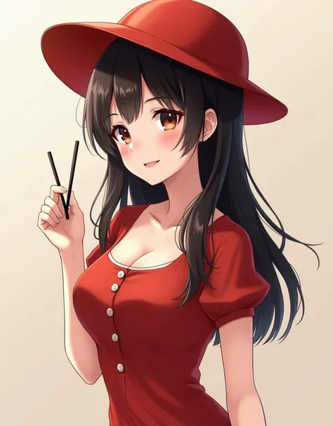 realistic waist up photo, Russian girl is cheerful, Professional waist-up photo , red dress with a small neckline, third size breasts, red hat with wide brim, round head, dark long hair, sweet smile, looks directly at the viewer, side view, light backgroun...