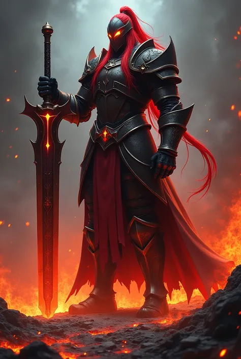 general igris, flame eyes, red armor, dark, gothic style armor, long red ponytailed helmet, solo leveling, burning ground, hell, huge sword
