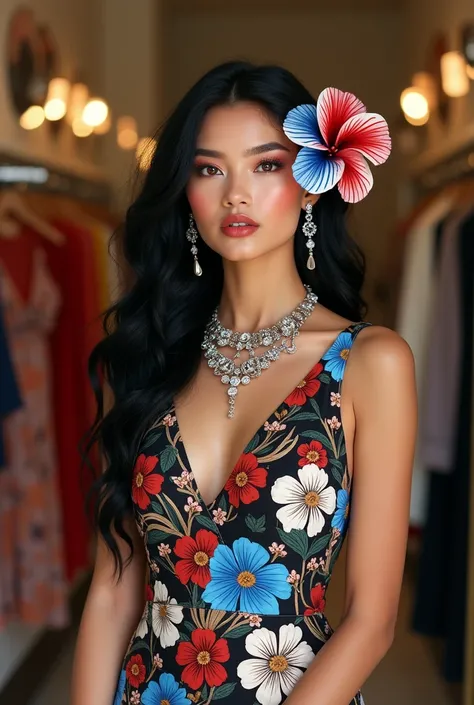 full body view,vivid hyper,high resolution,at a fashion boutique,is A beautiful woman with triangle face shape,almond hazel eyes,bushy brows,medium wide lips,long black wavy hair,button nose,glam makeup. diamond chanel necklace,diamond bracelets,wearing a ...