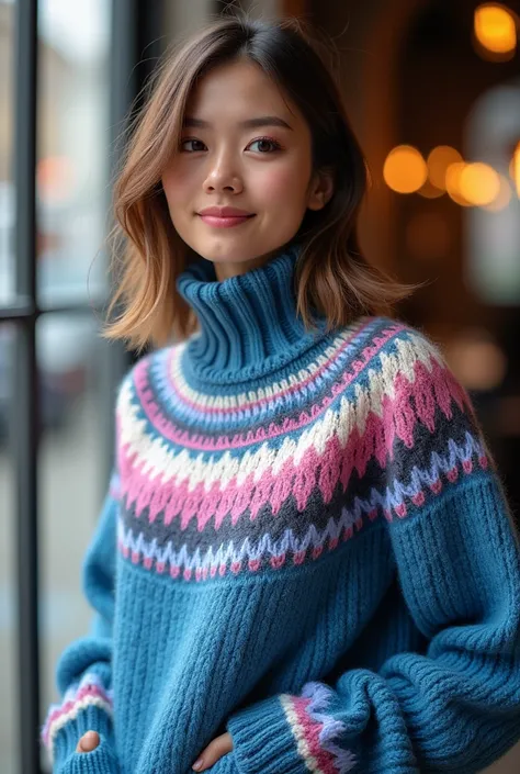 Pink, blue and white style of sweater. Pattern with blue is the primary color with pink and white as others