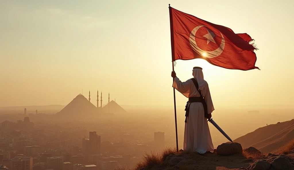 An Arab warrior stands on a hill with a sword in one hand and an Islamic flag in the other, overlooking the city of Mecc