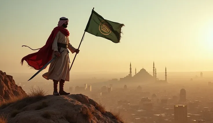 An Arab warrior stands on a hill with a sword in one hand and an Islamic flag in the other, overlooking the city of Mecc