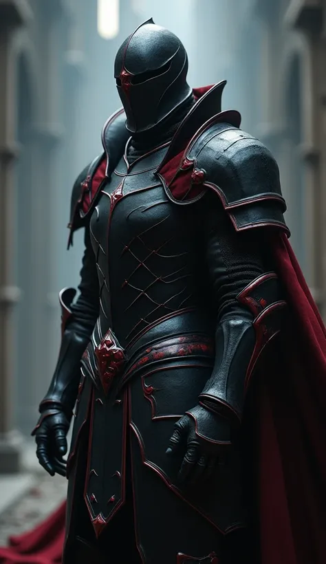 Male, knight, vampire, whole black body armor with red accents, no helmet