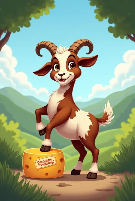 A goat with a cheese on its leg that says "Paraguana Products"