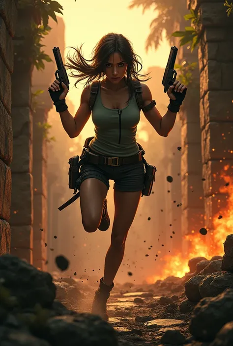 Create a dynamic thumbnail featuring Lara Croft in a powerful action pose. Shes mid-jump, holding her signature dual pistols, with a determined expression. In the background, small explosions are scattered, sending debris into the air. The setting is a jun...