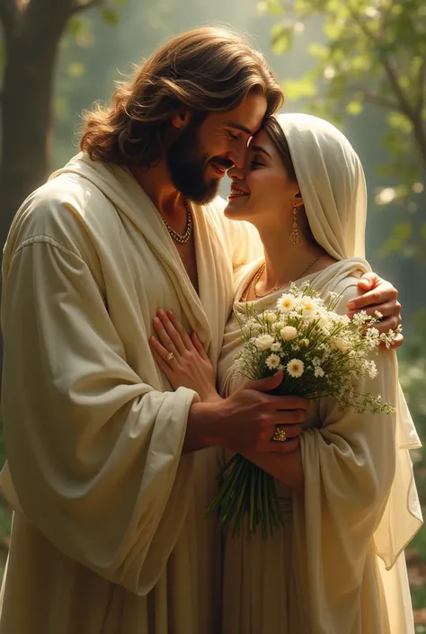 Create a design of a woman hugging Jesus and him giving her flowers more superficial 