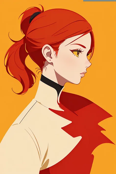 solo, (((alone, One girl, profile, redheaded hair, big stunning stylish ponytail,　profile,  The background color is solid red yellow,An illustration, minimal artwork 