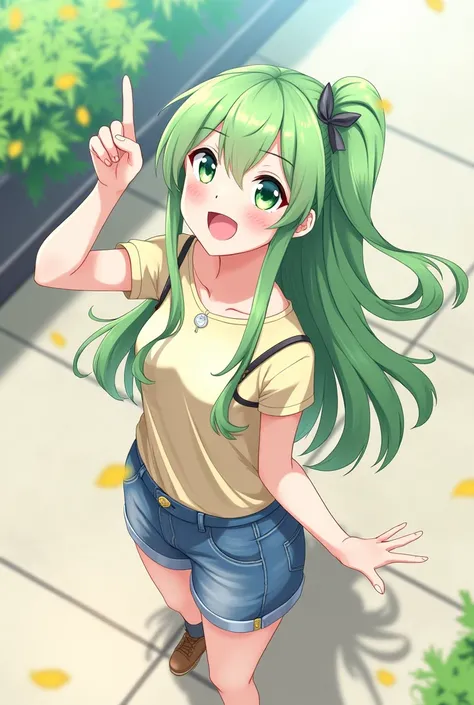 Girl, demure green hair, long hair, fashionable casual clothes, pointing at number 1 with index finger, up close with camera, top angle, illustration, anime style, smiling, celebration