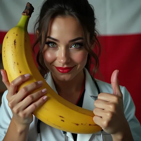 beautiful detailed eyes, beautiful detailed lips, extremely detailed eyes and face, long eyelashes, 1 girl, sexy doctor, latex leggings, holding large banana in one hand, giving thumbs up with other hand, Polish flag in background, happy expression, photor...