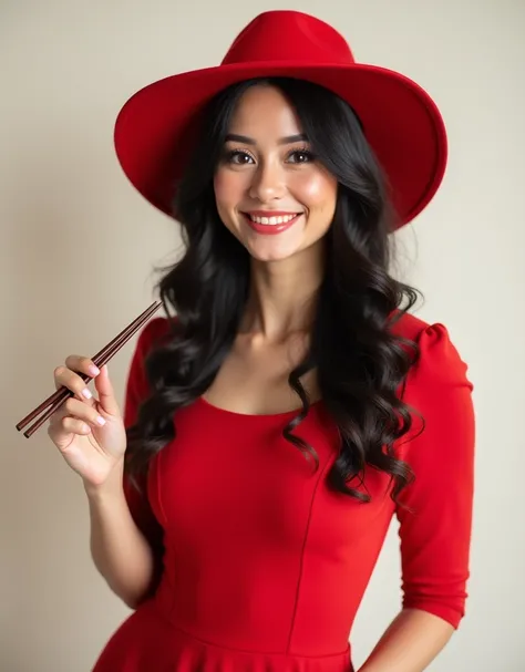 Professional waist-up photo, realistic waist up photo, Russian girl is cheerful, Professional waist-up photo , red dress with a small neckline, third size breasts, red hat with wide brim, round head, dark long hair, sweet smile, looks directly at the viewe...