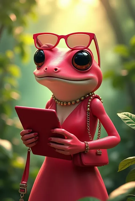 pink tree frog in sunglasses, red dress, red bag and a cimegripe tablet in her hand
