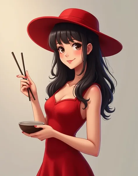 Professional waist-up photo, realistic waist up photo, Russian stylish fashionable girl cheerful, Professional waist-up photo , red dress with a small neckline, third size breasts, red hat with wide brim, round head, dark long hair, sweet smile, looks dire...